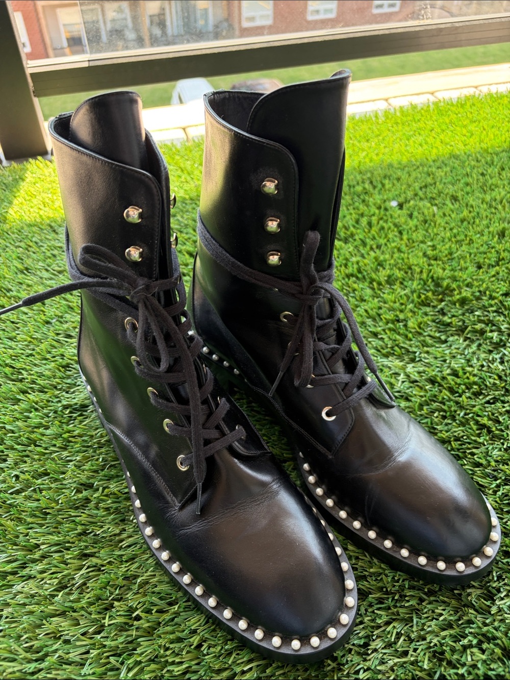 Stuart Weitzman Black Leather Lace-Up Combat Boots with Stud Trim